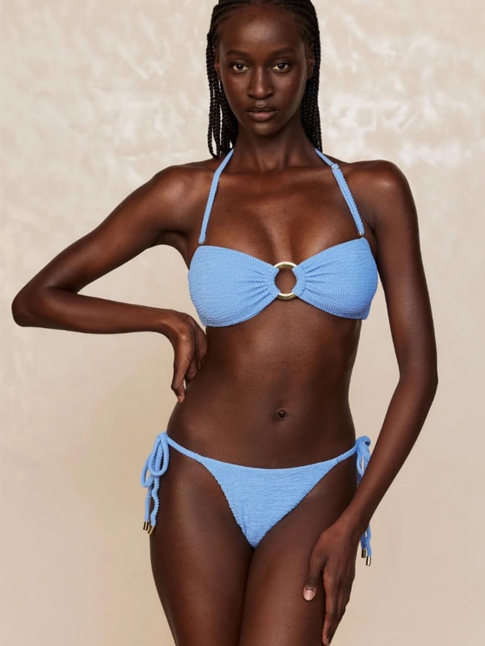 Light Blue Textured Ring-Front Bikini Set - Women Swim